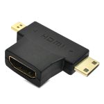 “3‑in‑1 HDMI to Mini and Micro HDMI adapter front view”“Adapter connected to DSLR camera” “Adapter specification compatibility chart”